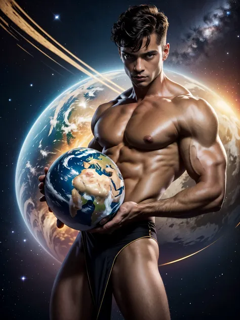 Photorealistic, ((best quality)), ((masterpiece)), (detailed), solo, 1man, ancient mythology, greek mythology , he is Atlas, holding the planet earthh on his back, the titan carrying the world Earth, massive planet Earth on his shoulders, he is struggling ...