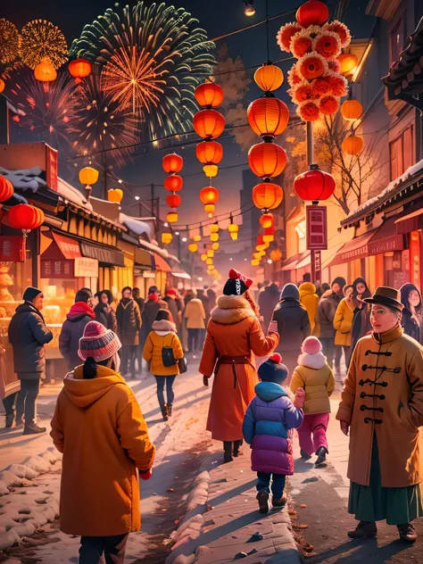 festive atmosphere，Celebrate the Spring Festival，Brilliant fireworks，Huge fireworks，rich and colorful，Red as main color，new year atmosphere，Chinese style，Family reunification