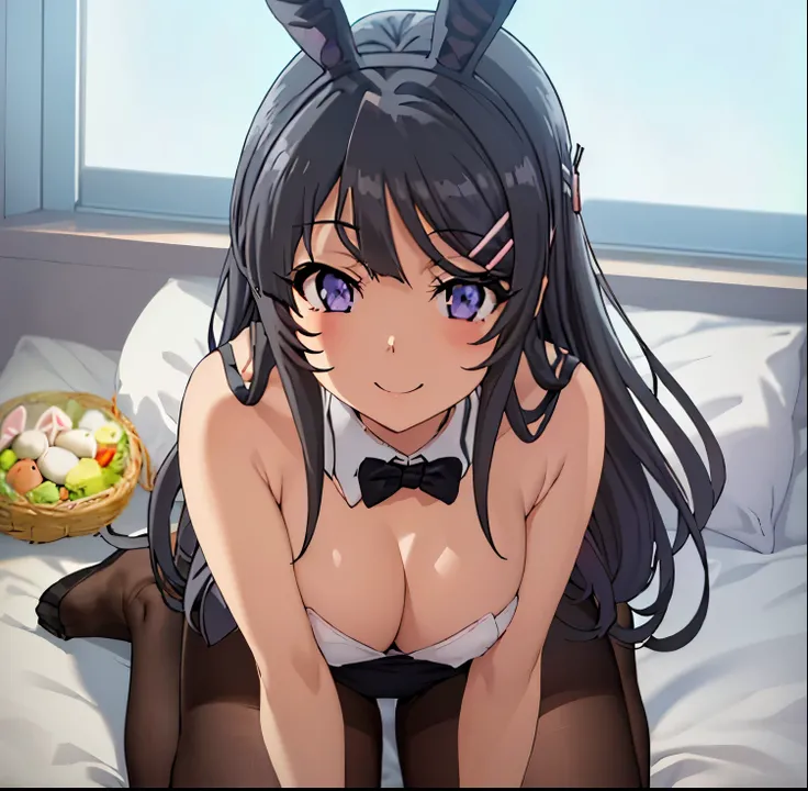 1girl, sakurajima mai, long hair, bangs, (black hair:1.5), hair ornament, (purple eyes:1.1), (hairclip), (blush:1.1), (smile:1.2), medium breasts, Naked, Exposed skin, (bunny girl:1.5), (black mesh tights:1.2), (black bunny girl costume:1.2), (all fours:1....