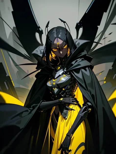 (dark cyberpunk art), Insect Girl, dark skin, (dark Black skin, Black skin), yellow eyes, (long black hair cape), Insect antennae, dark green steel color, grey sky, very detailed art, very detailed background