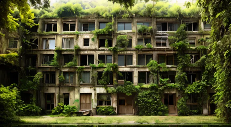 building with Arafat, many windows and vines, grows on the sides, Empty buildings with vegetation, An overgrown city, Overgrown ruins, Mossy buildings, overgrown with vines, nature takes over, Surreal abandoned buildings, overgrown environment, overgrown j...