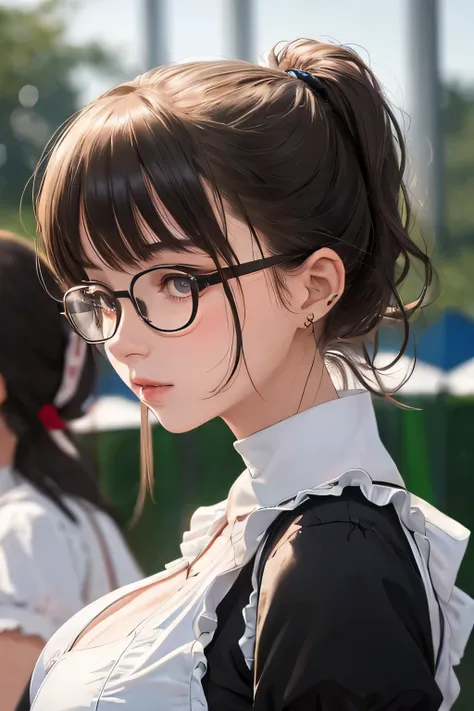 highest quality、High resolution、8K、detailed background、beautiful and detailed face、beautiful and smooth skin、skin texture、Black square glasses 、Beautiful teenage girl、Cute Ponytail,(big breasts:1.4)、Sexy Maid Clothes、A super close-up shot of the sexy nape ...