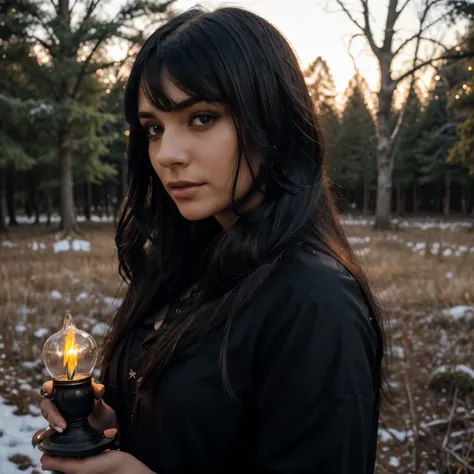 Young woman, 30 year old woman, gothic ((realistic)), ((best quality)), holding an oil lanp, raven hair, ((amber lighting)), ((realistic lightning)), soft whismical trees, forest background, ((texturized trees)), young woman with bangs, full black bangs, b...