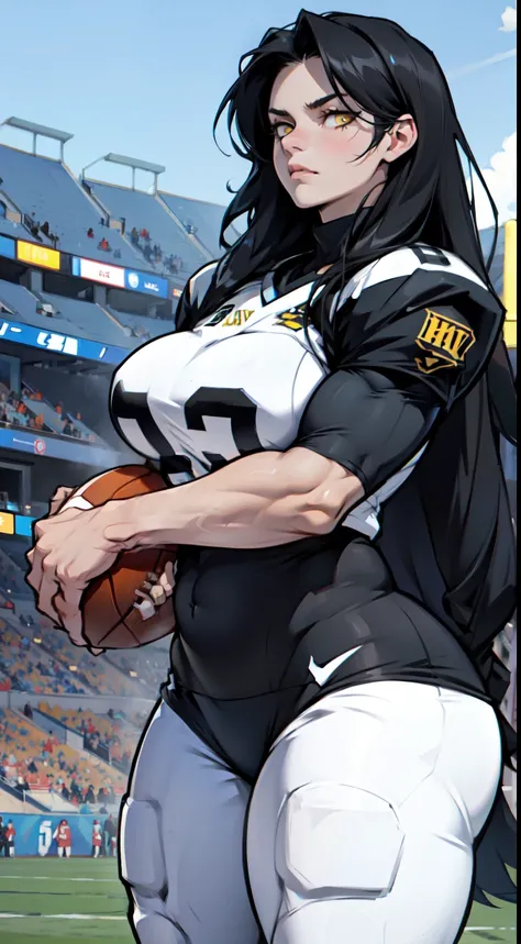 breasts huge muscles huge thighs solo girl black hair extremely long hair pale skin expressionless yellow eyes (((football)))