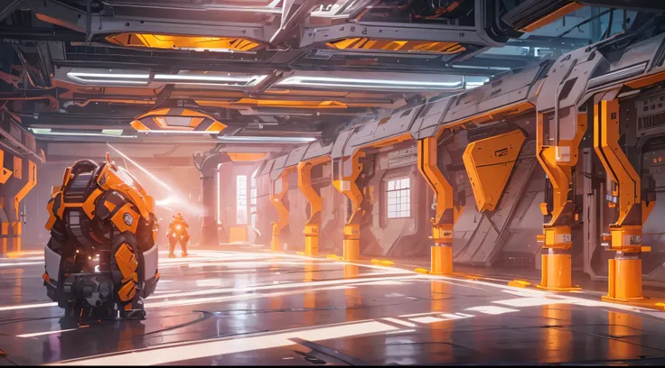 Capture the breathtaking moment as an ominous orange light structure in a futuristic white building, in the midst of a space station with rocket ships and advanced equipment, creating a raw and emotional masterpiece. This ultra-high resolution, photorealis...