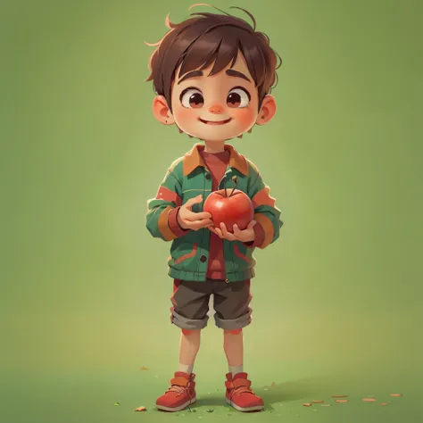 a cute little boy，Hands holding red apples，front view, Pixar style, best quality, stills, very cute, big eyes, happy，very cute,correct anatomy，