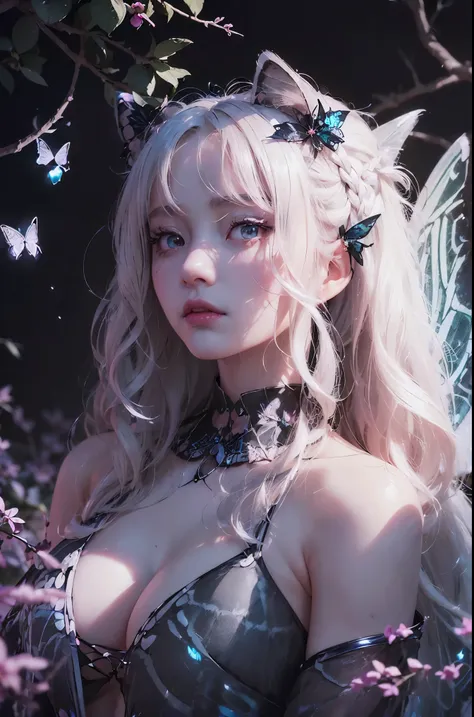 (((RAW photo , insanely detailed, highest quality, high resolution,))) (((white hair Beach waves hairstyle))), (((cosmetics))), ((((White catgirl, )))) break、(contrast:1), full body、sad,insanely detailed face, depressed、cry、 large breasts、 full body、 break...