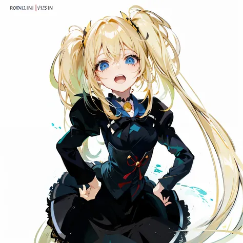 anime girl，long blonde hair，blue eyes，black dress, ( ( Misha Aman # ) ), anime girl名叫露西, Misha Aman *, 穿着black dress的anime girl,  wearing clothes, 金发碧眼的长发anime girl, Misha Aman, anime best girls, Anime high fructose, 哥特式少女anime girl