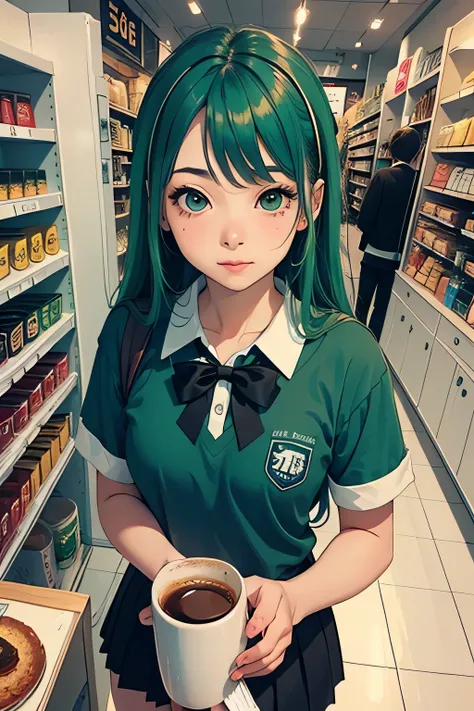 ((highest quality)), ((masterpiece)), (be familiar with), anime girl, perfect face, girl, Blue and green hair, long hair, high school uniform, black sock. Inside the store, Drinking coffee, 