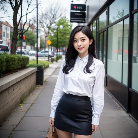 27-year-old mixed-race female lawyer，Like to play outdoors, Wearing a short skirt and white shirt, sexy and smiling, Her hair is a mix of red and black, she has blue eyes，Serious expression, Her background is dreamy