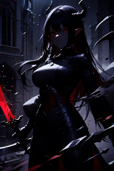 black hair、red eyes、Dragon Behind、devil woman、has a large sword