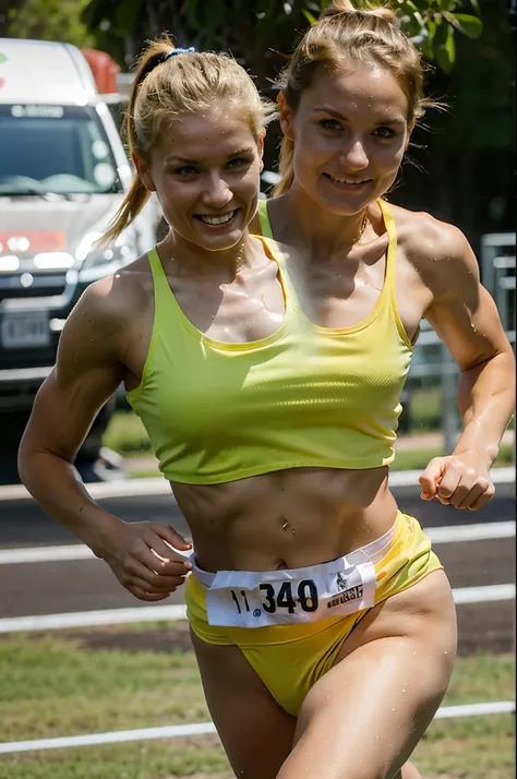 2heads, two headed woman, age 25, blonde, athletic, ponytail, running marathon, determined, sweaty,