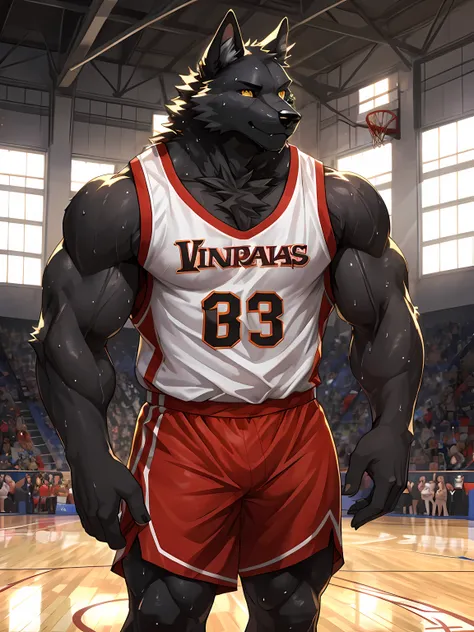 Furry,black fur wolf,yellow eyes(Realistic eye detail),Have muscles(Perfect muscle details),perfect anatomy,Handsome and seductive face,Wear basketball uniform,playing basketball on the court,Sweat stains all over the body,HDR,8K