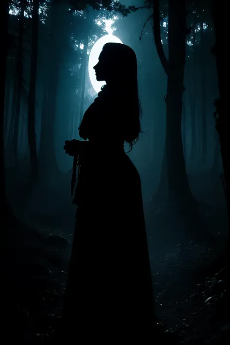 shadow silhouette of a tribal maxan woman with skulls in a forest in the middle of the night, silhouette without lighting, shadow silhouette in darkness, silhueta de jazz, sombra em uma floresta. sombra sem corpo, sem rosto, sombra silhueta, silhueta sombr...