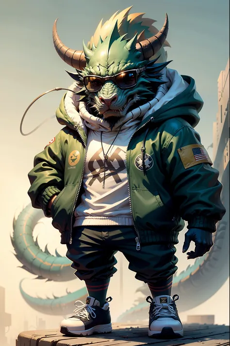 C4tt4stic, Cartoon Dragon in jacket green and skateboard, Sunglasses