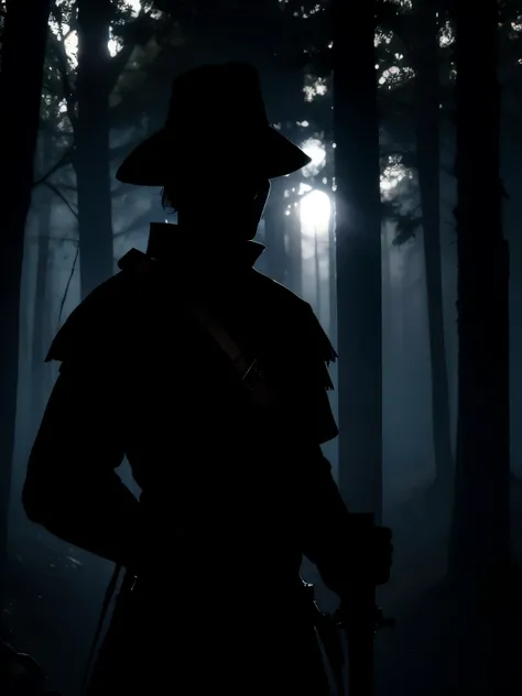 shadow silhouette of a man medieval military soldier with a weapon in his hands in a forest in the middle of the night, silhouette without lighting, shadow silhouette in darkness, silhueta de jazz, sombra em uma floresta. sombra sem corpo, sem rosto, sombr...