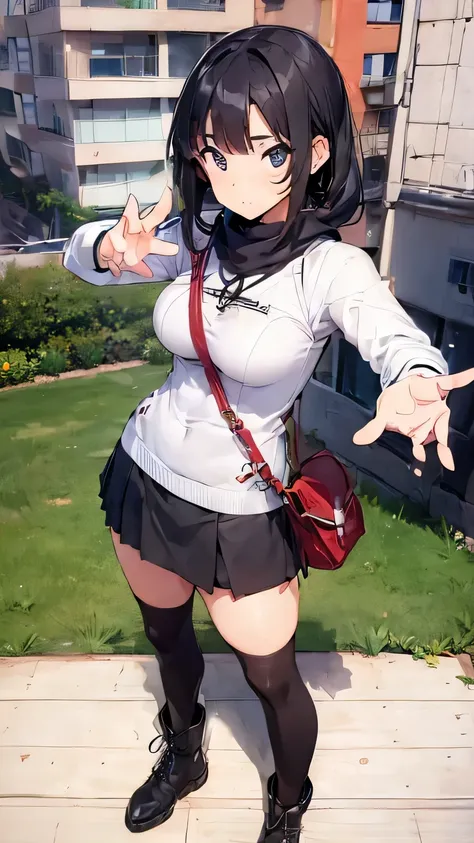 Highest image quality, (Popular city among young people: 1.8), (Detailed background), BREAK, White knit, Breasts stand out, Crossbody bag, Short black hair, Stockings, Miniskirt, Boots, BREAK, ((Rejection pose: 1.9) )