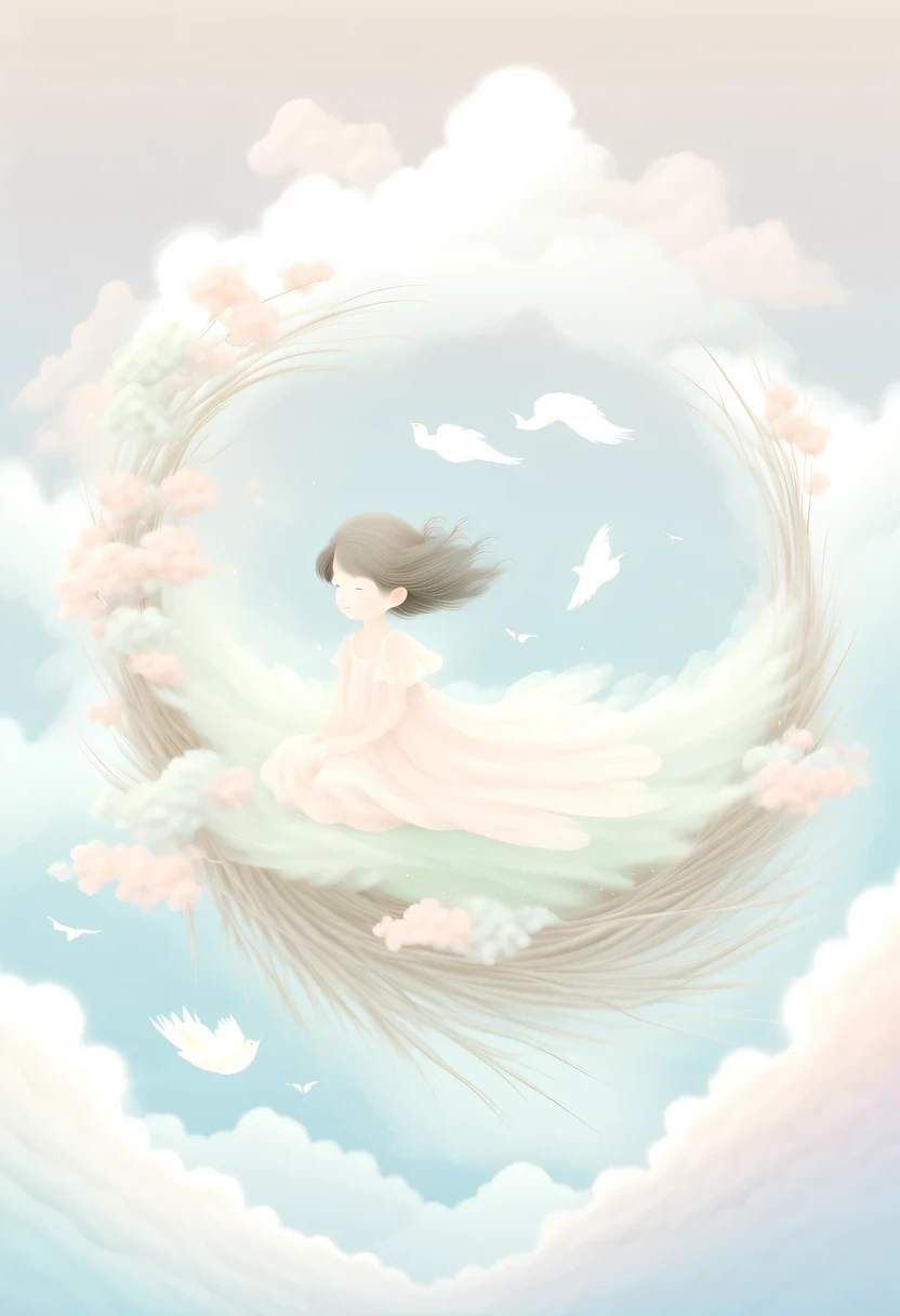 彩虹做的Nest里有一个仙女，Above the clouds，Nest，pastel tones，Light style，Comfortable and calm，nature，warm and cozy，garden，hyper detailed masterpiece, Dynamic, high quality,Floating Extra Large Ethereal Dream DonMW15pXL