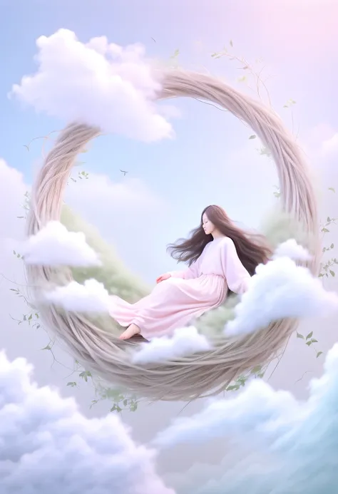 彩虹做的Nest里有一个仙女，Above the clouds，Nest，pastel tones，Light style，Comfortable and calm，nature，warm and cozy，garden，hyper detailed masterpiece, Dynamic, high quality,Floating Extra Large Ethereal Dream DonMW15pXL