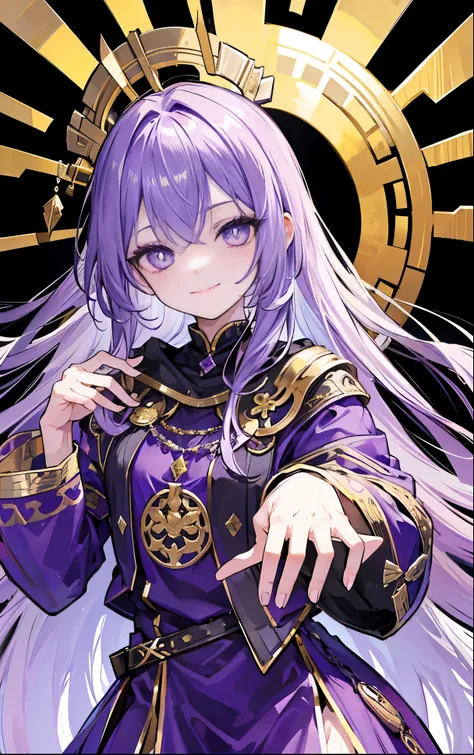 Ancient costume，long hair，purple clothes，Hand bandage，Head decorated with gold and silver，black pupils，The eyes are cold，enchanting，Smile