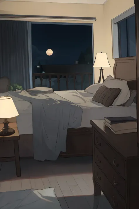 scene view,sky,anime style,on bed, house light ,night,, head rest, intense angle, curtsey,