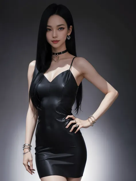 straight long black hair, sophisticated tailored knee-lenght sleek black dress with subtle geometric patterns, choker, 
(realistic:1.3), award-winning, photography, standing tall and confidence pose, elegance and playful charisma, playful smile, confidence...