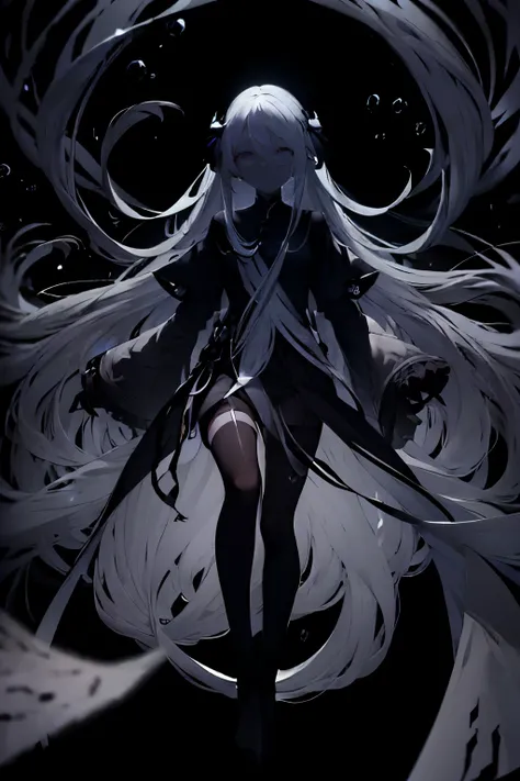 very long white hair、pitch black eye、Expressionless、floating girl、Black gradient、Transparent feet、Black and white background Redraw face lifeless face