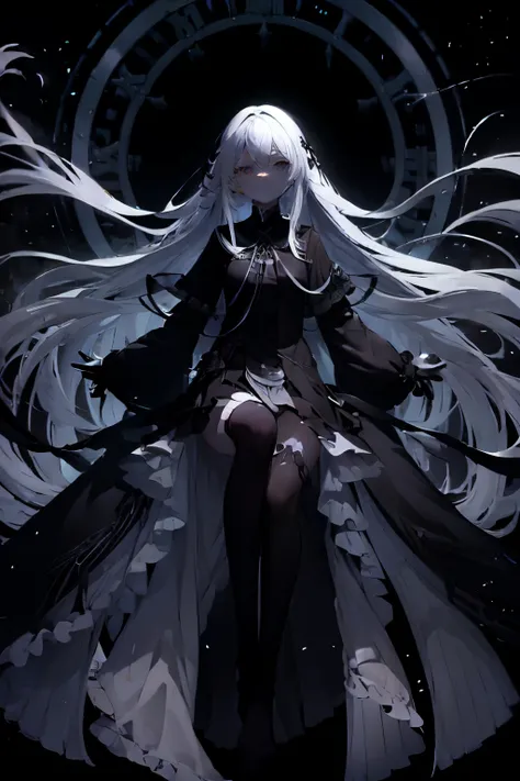 very long white hair、pitch black eye、Expressionless、floating girl、Black gradient、Transparent feet、Black and white background Redraw face lifeless face big clock behind