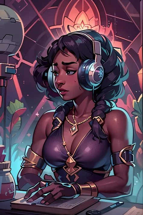 {{{vibrantly colored, Highly detailed and intricate  high-res 144k, fully rendered 5d, Scifi-fantasy , connie maheswaran.}}} {{{the connie heartberry maheswaran tarot card}}}, ( very Darkskin, black heart-shaped diamond protruding from her under her bustli...