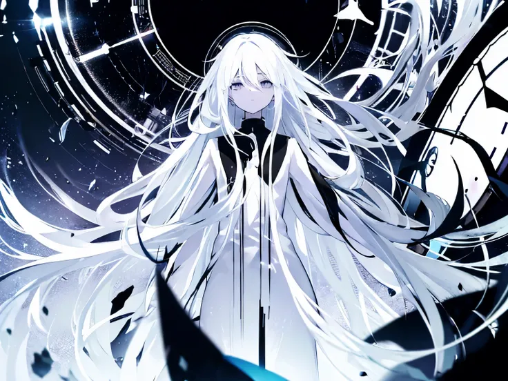 very long white hair、pitch black eye、Expressionless、floating girl、Black gradient、Transparent feet、Black and white background　Redraw face　lifeless face　big clock behind　demise　apocalyptic world