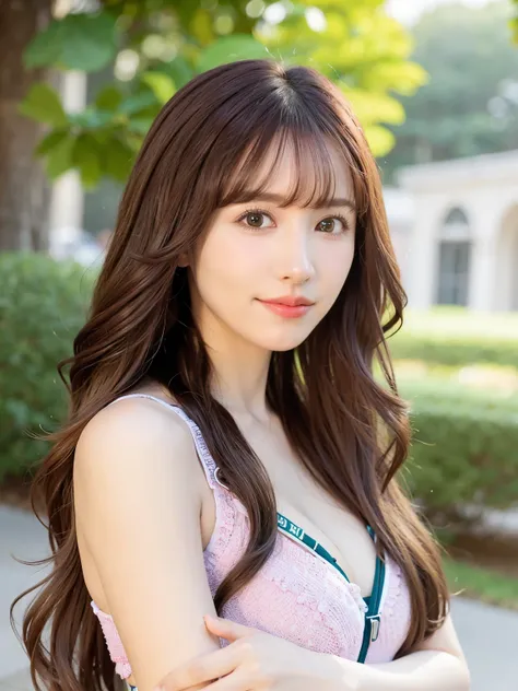 Best quality, long hair bangs curly two side braids loose towards the front, (Brown hair color), 超高分辨率, (Photorealistic:1.4), 1lovelygirl, bit girl, (Young), pink puffy , NSFW, ,(Kpop idol), (aegyo sal:1),  Smiling, Cute, full bodyesbian, hands together in...