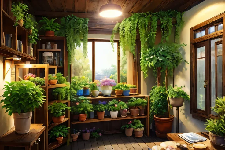 (pixer style)、(((multi-hobby room、a beautifully displayed collection、foliage plant:1.3、beautiful girl figure:1.1)))、one girl、min...