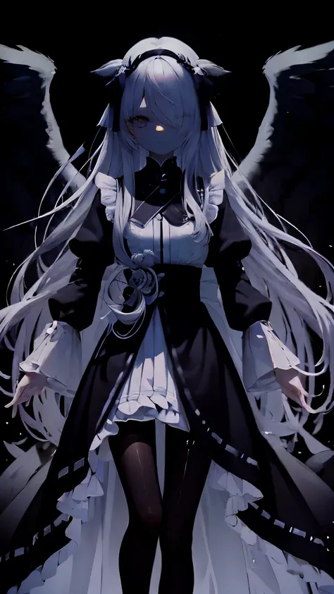 very long white hair、One eye is black、Expressionless、floating girl、Black gradient、Transparent feet、Black and white background　beautiful girl　二次元beautiful girl　Black wings　Circle of Black Angels