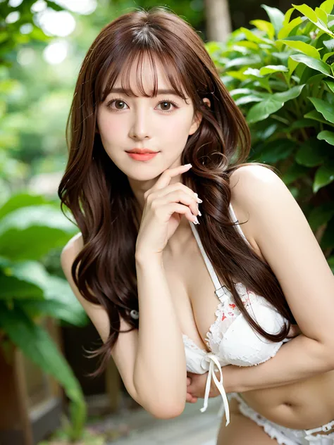 Best quality, long hair bangs curly two side braids loose towards the front, (Brown hair color), 超高分辨率, (Photorealistic:1.4), 1lovelygirl, bit girl, (Young), pink puffy , NSFW, ,(Kpop idol), (aegyo sal:1),  Smiling, Cute, full bodyesbian, hands together in...