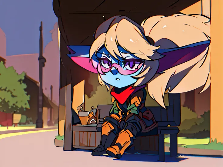 Poppy sitting on a bench in a square, with sunglasses