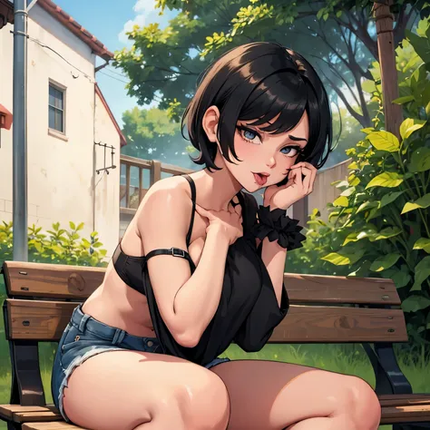 short hair　black hair　lightly dressed　shorts　bitch　bite pose　bench　sit　tongueピアス　　　tongue　b cup　show bread　night　garden