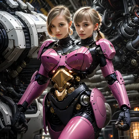 best resolution, 2heads, cyborg woman with two heads, different ethnicities, blonde ponytails, pixie cut,  pink robot body, mech...