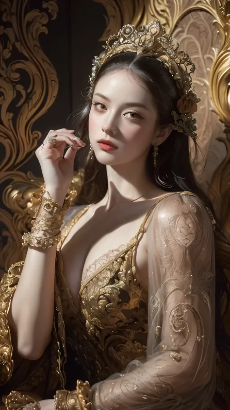 by Gerald Brom and by  Adi Granov,(hand-drawn overlays ,Neo-Rococo but extremely beautiful:1.4),(intricate details, masterpiece, best quality:1.4),highly professional photography,glamourous and luxurious setting,dramatic lighting ,looking at viewer, dynami...