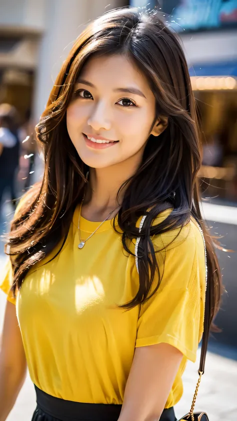 ((best quality, 8K, masterpiece:1.3,long shot photo, Sharp:1.2)), 
beautiful female figure:1.4, sexy body, oval face shape, detailed eyes, smile，二重まぶた，

((Long layered slightly wavy hair style, dark hair color)),

(t shirt:1.6， yellow clothes color,cotton ...