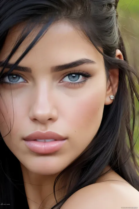 black hair, realistic, gorgeous, eyes blue, hair black, raw, realistic, pores, texture, best quality, masterpiece:1.2), (realistic, photo-realistic:1.33), natural lighting, depth of field, film grain, Adriana lima, realistic, film grain