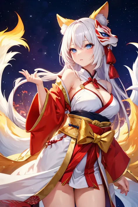 Kitsune woman, Platinum hair, platinum eyes, aesthetic body, white tail, egipician golden clothes, egipcian mask