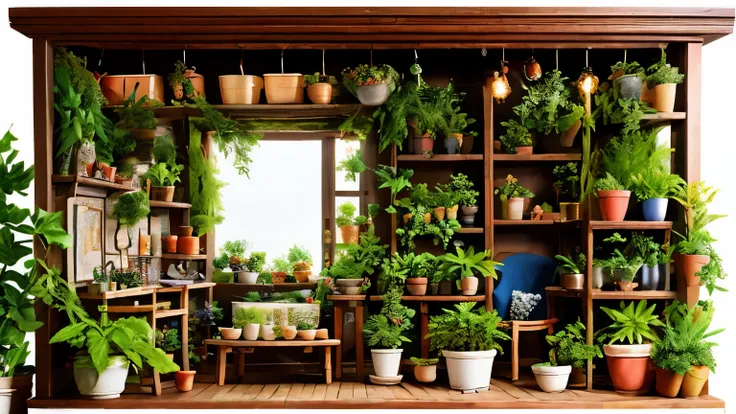 (pixer style)、(((multi hobby room、beautifully displayed collection、foliage plant:1.3、numerous figures:1.1)))、one girl、miniature ...