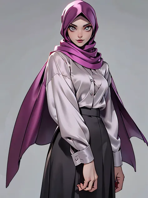 (Masterpiece, best quality) detailed, character sheet, ((a woman, beautifully makeup, eyeshadow, beautiful big eyes, long eye lashes, wearing (Taupe satin hijab), ((gray satin shirt)), satin long maxi skirt)), photography, detailed skin, realistic, photo-r...