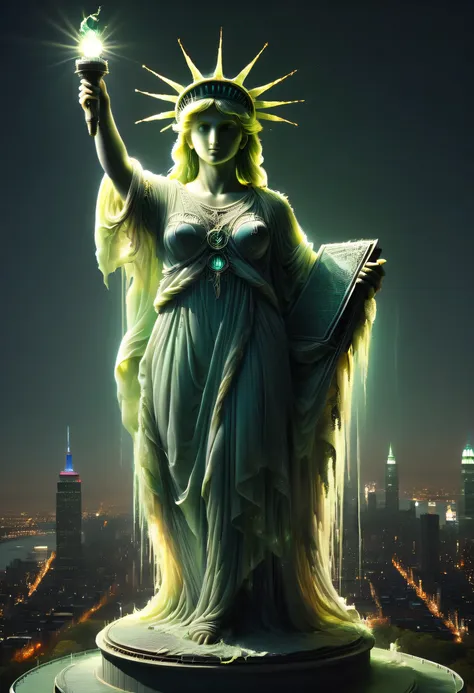 Illuminated Statue of Liberty high above the night city