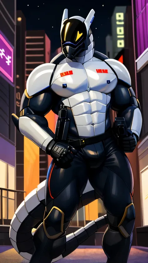 Uploaded to E621, best quality, masterpiece, high quality, Sexy Men, synth (vader-san), White, Bright colors, security robot, guards, bodyguard, bodyguard, very muscular, male muscular, sexy muscular, thick thighs, Long tail, guards 의상, Pick up a gun, atta...