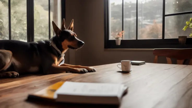 hyper ultra realistic photographs full body of A bespectacled Doberman sits at the head of a mahogany table, his paws folded over a stack of investment reports. His eyes, glinting behind the lenses, scan the room with authority as he chairs a board meeting...