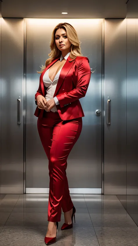 A photorealistic full shot of a 30-year-old Latina thick woman with long flowing blonde hair as corporate lady, red satin suit, no shirt, formal trousers, high heels, bright sunny day scene, curvy athletic milf body, posing in elevator, hourglass milf figu...