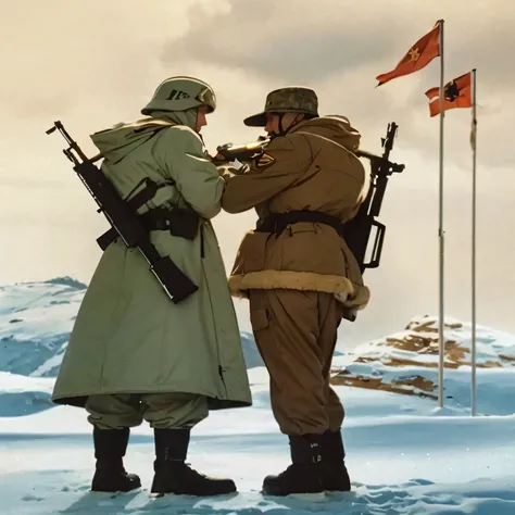 Two soldiers from different sides beside each other in the snow. One is in a white winter uniform with a rifle lighting a cigarette that the other soldier is holding in his mouth, that soldier is wearing a brown winter uniform with a rifle on his back