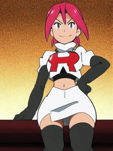 
skyla,glossy lips, earings ,team rocket uniform, red letter R, white skirt,white crop top,black thigh-high boots, black elbow gloves, closed mouth, evil smile, looking down on viewer, sitting down ,legs crossed, night sky backgroundteam rocket uniform, re...