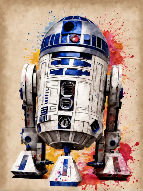 splashes of ink, r2d2 image on parchment in splashes of ink technique, all color ink, a high resolution